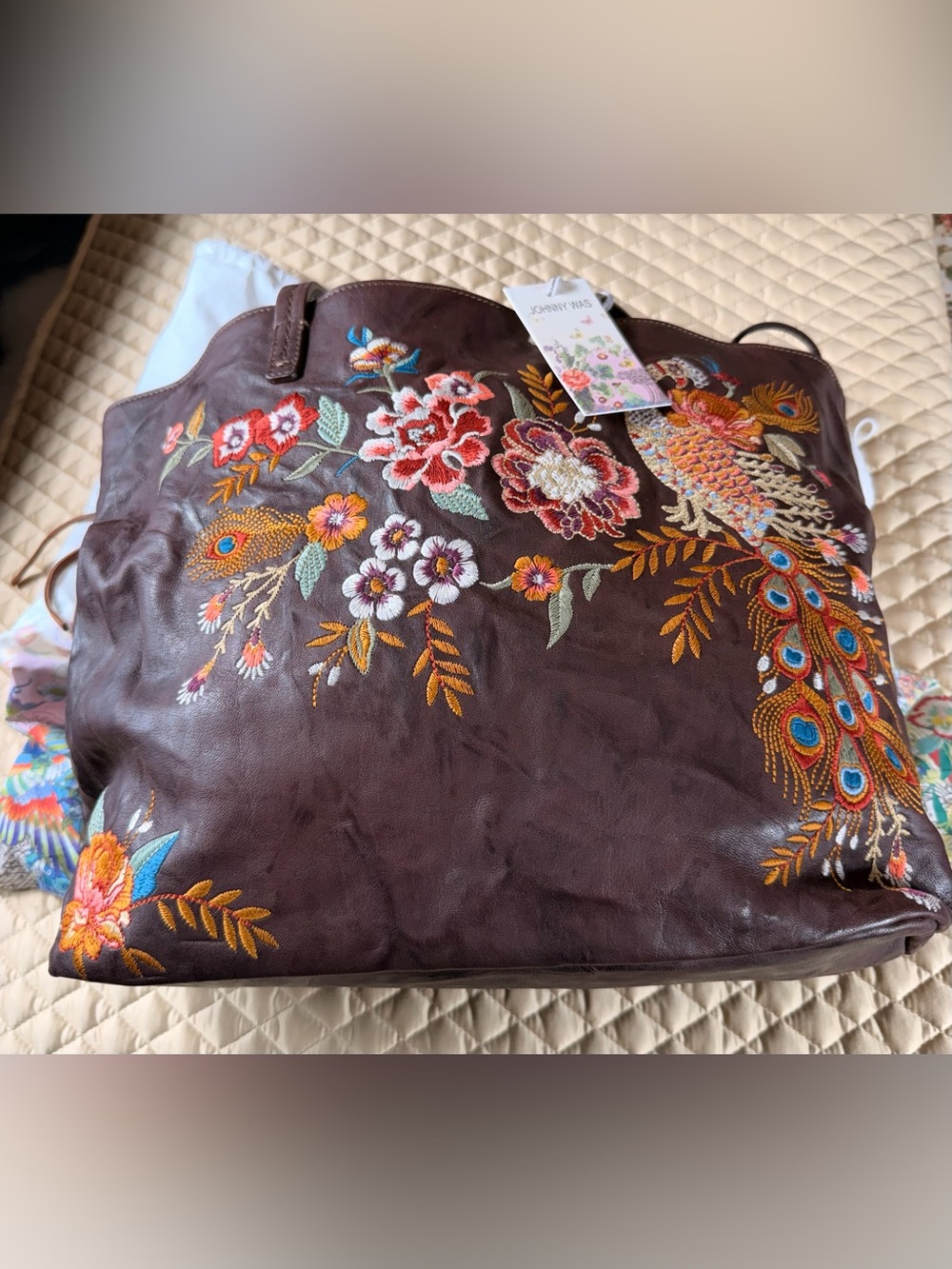 Johnny Was Brown Leather Annanke Tippi Tote Embroidered Floral Leather Bag, NWT - Picture 3 of 11